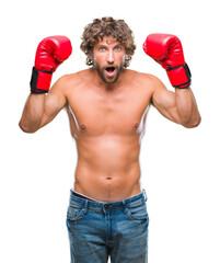 Handsome hispanic boxer man wearing boxing gloves over isolated background scared in shock with a surprise face, afraid and excited with fear expression