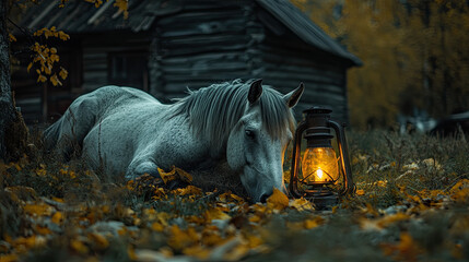 horse against the background of autumn leaves a home and lantern vintage autumn banner. Beautiful scenery 