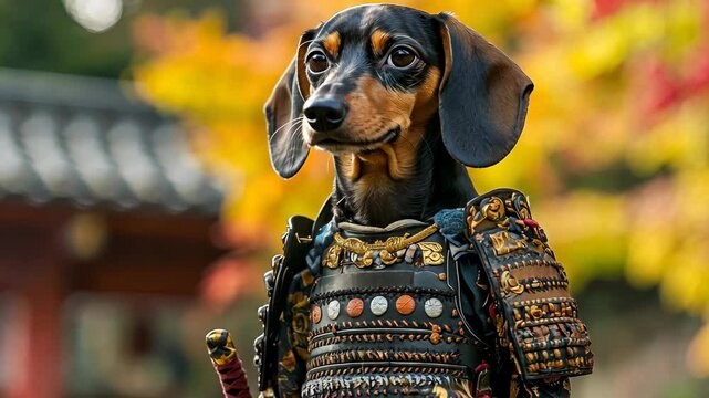 A dachshund dressed in samurai armor stands proudly in front of a Japanese temple