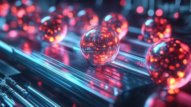 Multi-level quantum computing, computer performing parallel computations, energy states represented by glowing orbs