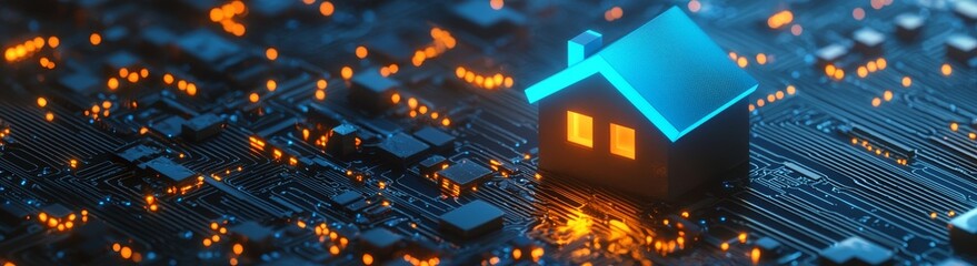 Obraz premium The concept of a smart, intelligent, wifi-enabled home is represented in the miniature on the abstract futuristic background.