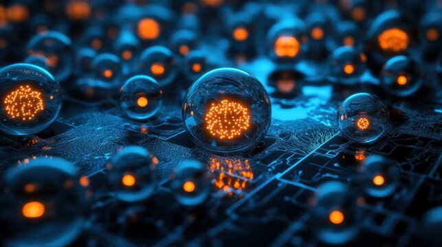 Multi-level quantum computing, computer performing parallel computations, energy states represented by glowing orbs
