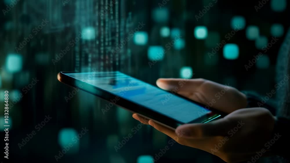 Aufkleber Software developer codes on a tablet in a dim data center with network lights, creating a futuristic tech atmosphere. Shows cybersecurity, data analysis, and software development
