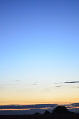 Obraz premium A scenic background of trees on the horizon with the setting sun casting a warm glow. Dramatic clouds stretch across the colorful autumn sky, creating a breathtaking and atmospheric sunset view