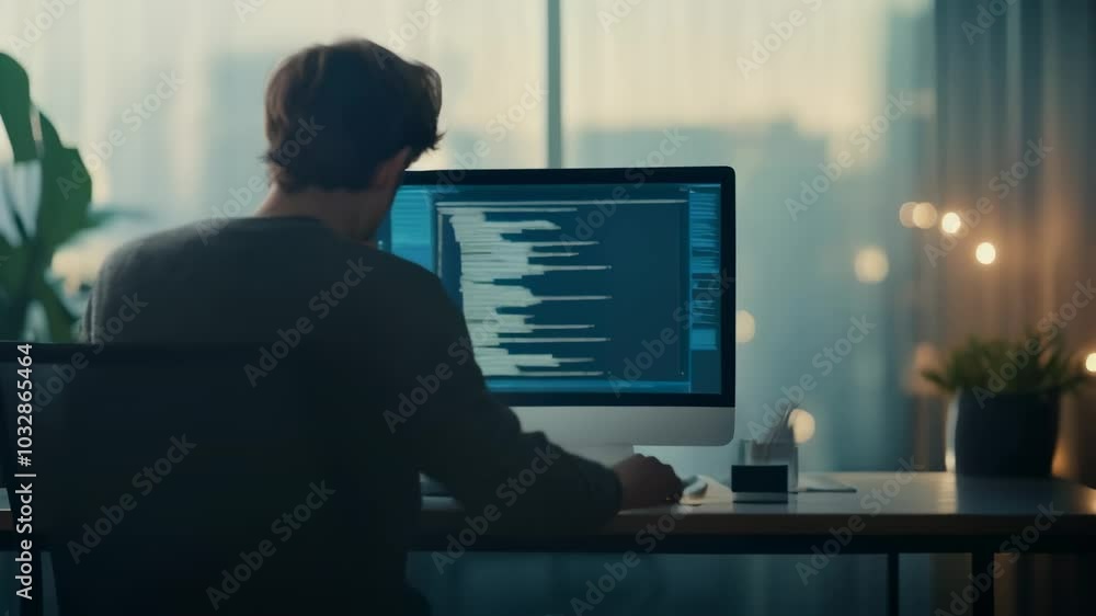 Poster Coder works late in an office, coding software with city lights shining through the window