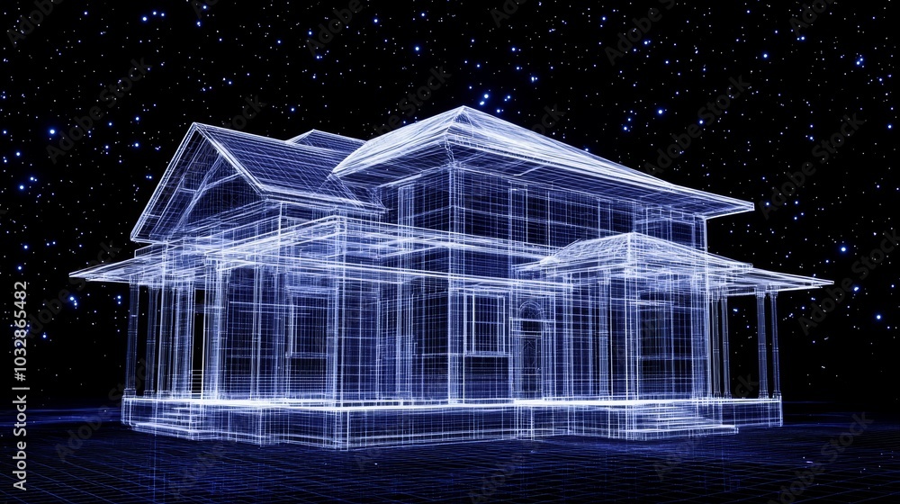 Poster architect's rendering of a futuristic house with advanced network connection technology and big data