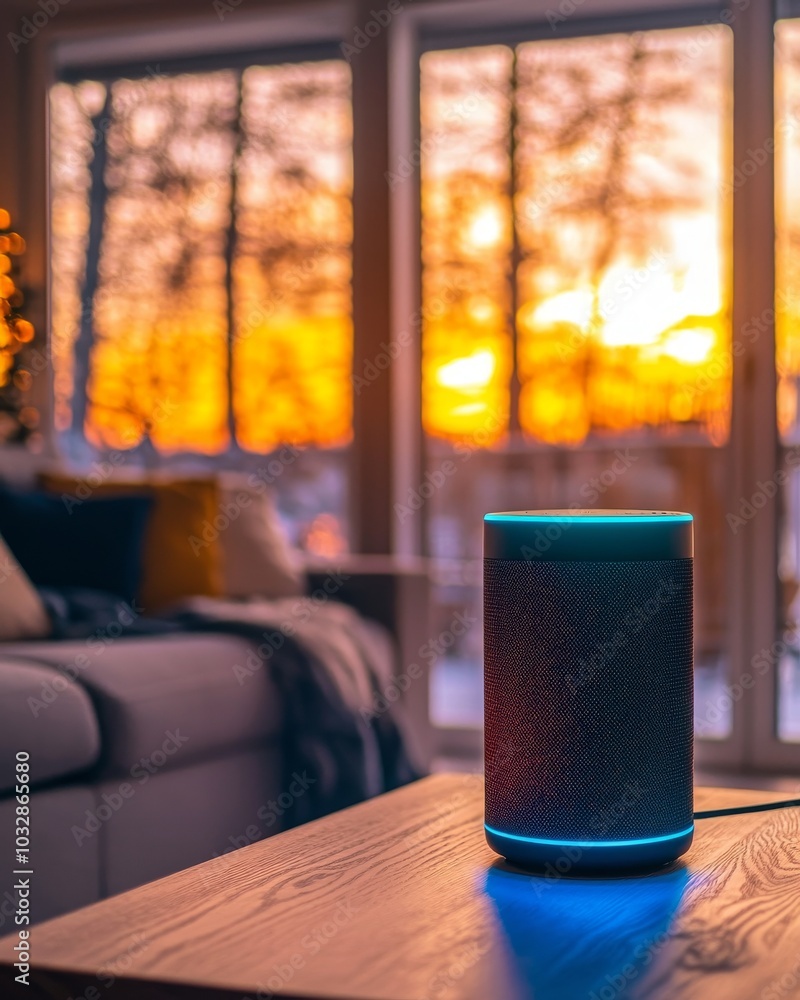 Aufkleber a smart speaker on a blurry background of the interior of a house is an example of using technology 