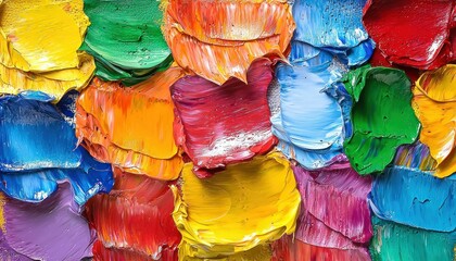 A vibrant texture of thick paint strokes in various colors, showcasing an artistic palette with rich hues and dynamic layering.
