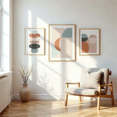 Modern Scandinavian Living Room with Abstract Geometric Wall Art and Mid-Century Chair