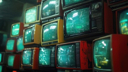 A wall of vintage televisions with static screens, evoking a retro and nostalgic feel.