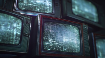 A row of vintage televisions with static screens, creating a retro and nostalgic feel.