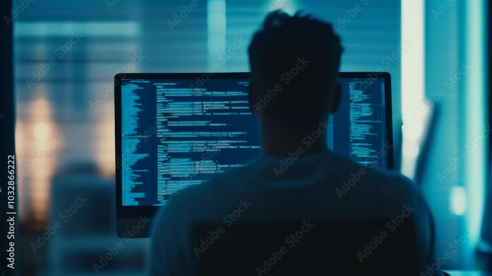 Aufkleber Programmer works late in a dimly lit office, coding with focus and skill under the pressure of looming deadlines