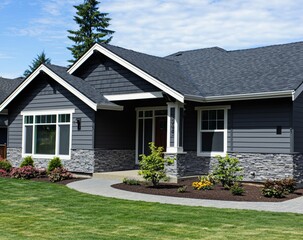 The exterior of a new luxury home with a covered porch and green grass on a sunny day with a blue sky on a bright sunny day