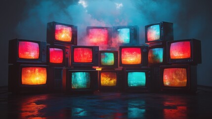 A wall of vintage televisions in a dark room, each screen displaying a vibrant, flickering image.  The televisions are arranged in a haphazard fashion, creating a sense of chaos and disarray.