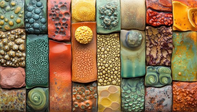 A vibrant collection of textured tiles in various colors and patterns, showcasing artistic craftsmanship and diverse surface designs.