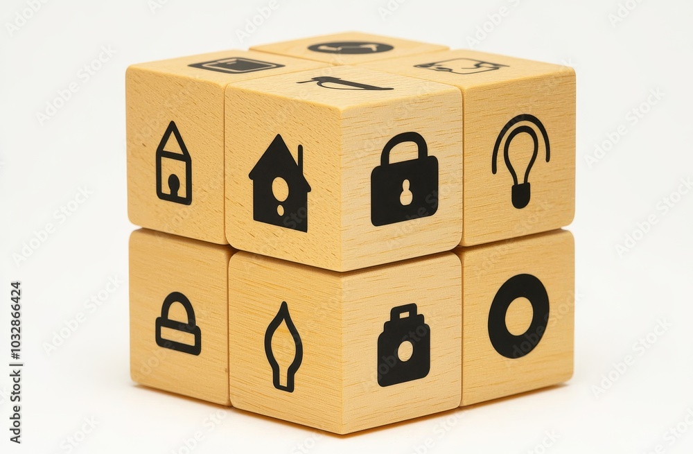 Poster decorative wooden block with house and internet network icons. smart home automation system concept.