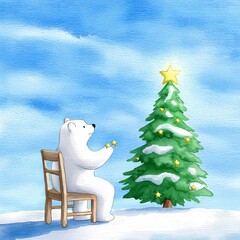 Fototapeta premium Hand-drawn watercolor cute polar bear and fir tree illustrate this stunning Christmas stock illustration.
