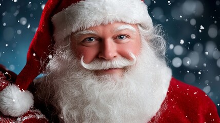 Santa Claus smiles warmly, snowflakes falling around him.