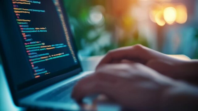 Software developer is working on a project, writing code on a laptop keyboard in the evening. The image evokes the concept of technology and innovation