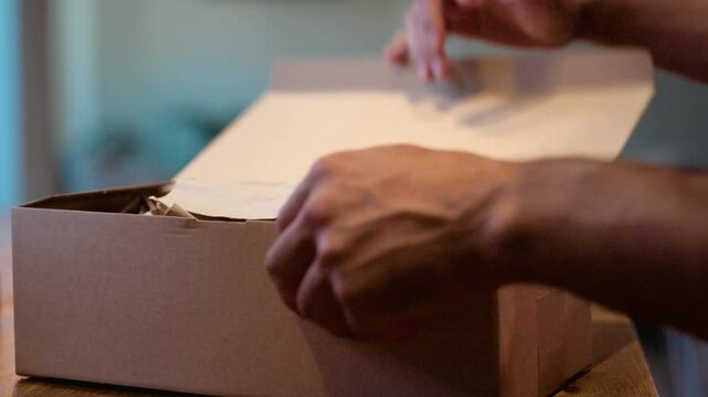 E-commerce, unpacking parcels with your hands and arms from the courier, mail or post office on your kitchen table