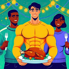 illustration of 3 people standing celebrating thanksgiving, and a burly man in the middle carrying a roast turkey. ai