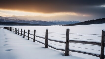 Naklejka premium Peaceful winter landscape with wooden fence, snow, and mountains at dawn.