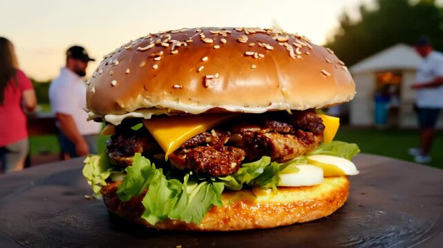 A rotation of a burger with pulled pork, cheese, and coleslaw, captured in a 360-degree shot in a backyard setting with soft lighting.