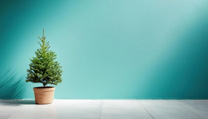 A clean and simple Christmas scene with a small potted evergreen tree sitting on the floor.