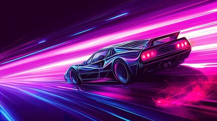Retro car driving in a futuristic neon tunnel