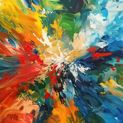 Vibrant explosion of colors in a dynamic abstract painting showcasing bold brush strokes and rich textures