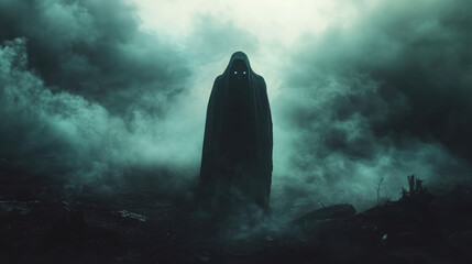 A haunting devil silhouette is set against a foggy background, casting an aura of chilling uncertainty.