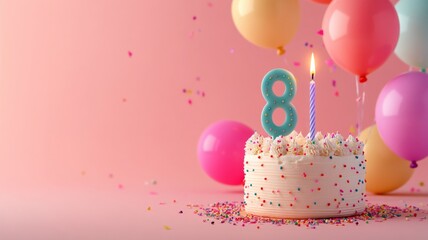 Adorable birthday cake featuring a number 8 candle, set against a pastel background with balloons and confetti decorations. 