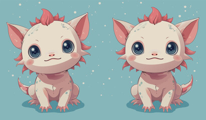 Two axolotls sitting with ears and big eyes