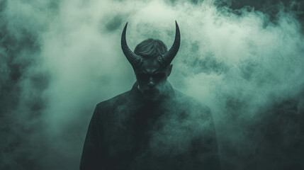 Devil silhouette emerging from a heavy, rolling fog, with dark, menacing horns and an ethereal, obscured form.