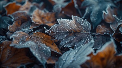 Intricate patterns of frost on autumn leaves