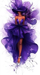 Obraz premium Elegant woman in a flowing purple dress with artistic flower-like design standing gracefully against a light background
