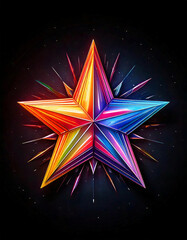 Shiny glass Christmas toy. Rainbow glass Christmas star icon on black background. Merry Christmas and Happy New Year.