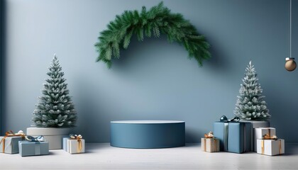 A minimalist Christmas setup indoors featuring a slender podium, pine leaves, and several gift boxes.