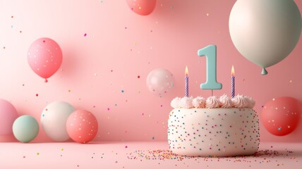 Colorful first birthday cake with a number one candle and balloons  