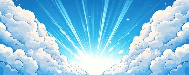 Cartoon-style comic book cloud border with a stunning sunrise and blue sky background
