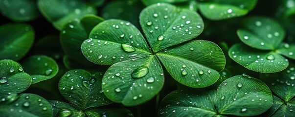 Fototapeta premium Lush green clover leaves with dewdrops creating a fresh and vibrant natural scene