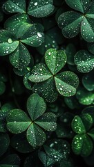 Obraz premium Lush green clover leaves with dewdrops that symbolize freshness and natural beauty