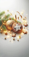 Xmas composition on a white background with cookies and gold elements
