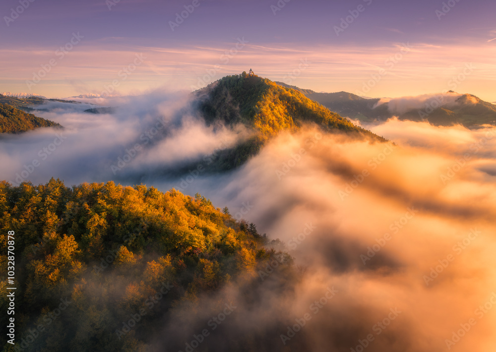 Canvas Prints aerial view of mountain peaks in low clouds at sunrise in autumn. top drone view of hills with red a