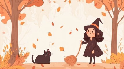 Charming cartoon illustration of a cute little witch with a broom, accompanied by a magical cat.