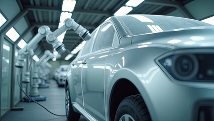 Generative, AI, Robotic arm applying coating to a car in a precise, automated process within an industrial setting.

