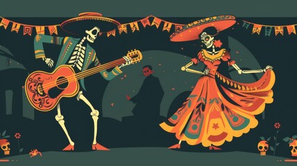 Cute vector flat illustration of the Day of the Dead, a Mexican traditional celebration featuring music and dance .  