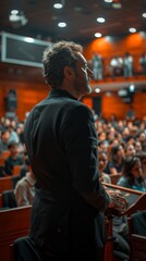 Man giving a speech in front of an audience in a lecture hall. Back view of speaker during a conference.