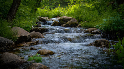 A small stream in the middle of the forest that evokes tranquility and peace, perfect for celebrating the day of meditation