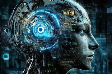 A robotic head with glowing blue circuits and a digital eye.